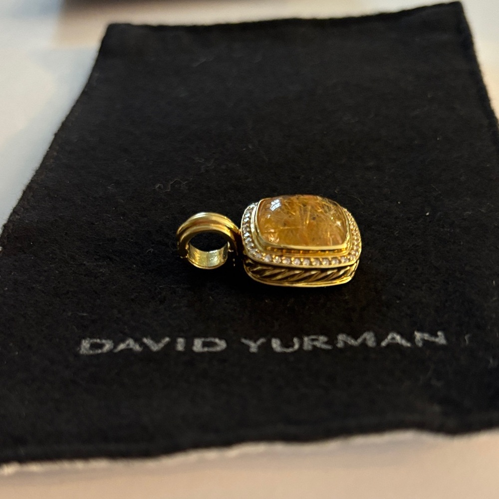 David Yurman Albion 18K Yellow Gold & Diamond Rutilated Quartz Enhancer Pendant. - Picture 6 of 9